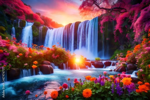 Nature Scene Colorful Waterfall and Flowers at Sunset Books imagination