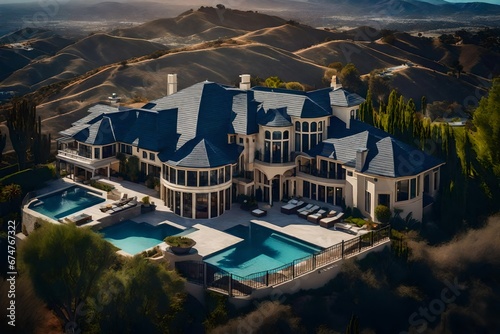 an aerial view of a large luxury mansion in the hills of Los Angeles with beautiful architecture. The luxurious home has scenic views of the city and huge