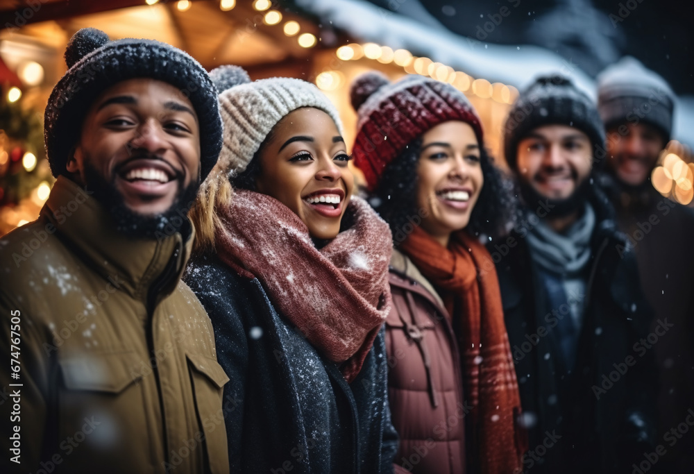Group of young mix races Caucasian African European Hispanic women and man in winter clothes standing outside  laughing happily on Christmas Market background