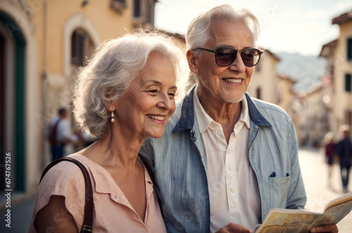 Happy senior couple holding a city map, sightseeing in a europen town, enjoying vacation together. Retired tourists in a journey, adventure. Retirement hobby and leisure activity for elderly people. photo