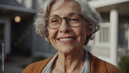 Close Up Portrait of a Cheerful Senior woman with Gray Hair Wearing Glasses Standing Outdoors in Front of a Residential Area Home. Retired Adult woman Looking at Camera and Smiling