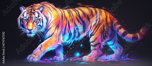Abstract 3d colorful hologram tiger animal drawing in dark background. AI generated