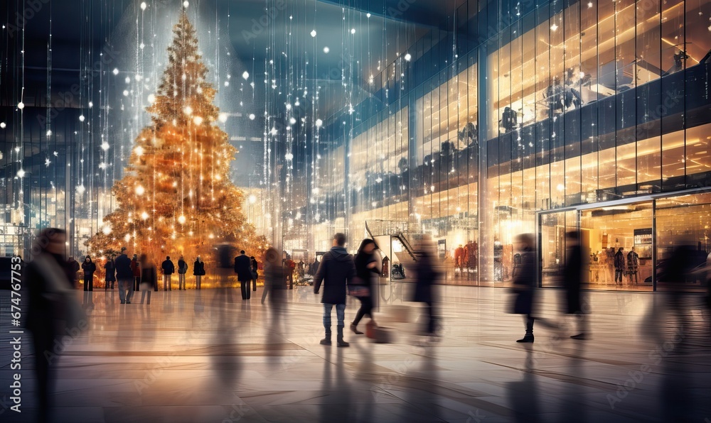 Shopping mall with stores, Christmas tree with decoration and crowd of people looking for present gifts. Abstract blurred defocused image background. Christmas holiday, Xmas shopping, sale