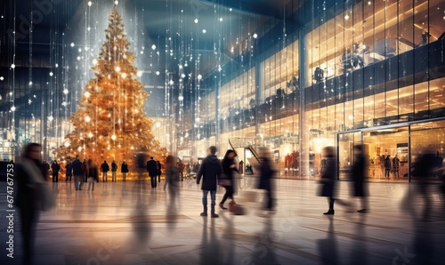 Shopping mall with stores, Christmas tree with decoration and crowd of people looking for present gifts. Abstract blurred defocused image background. Christmas holiday, Xmas shopping, sale