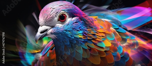 Abstract 3d colorful hologram pigeon bird drawing in dark background. AI generated © orendesain99