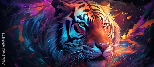 Abstract 3d colorful hologram tiger animal drawing in dark background. AI generated photo