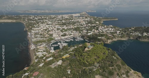 Aerial view of Cenobio di Santa Marcherita, a place of worship on Procida Island, Flegree islands archipelagos, Naples, Campania, italy. photo