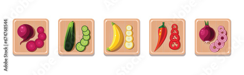 Fruit and Vegetables Sliced and Chopped on Wooden Board Vector Set
