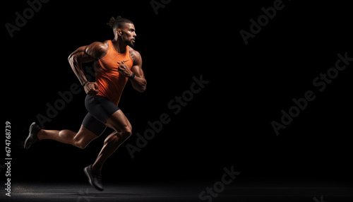 Powerful Sprinter in Action: Athletic Man Running on Black Background