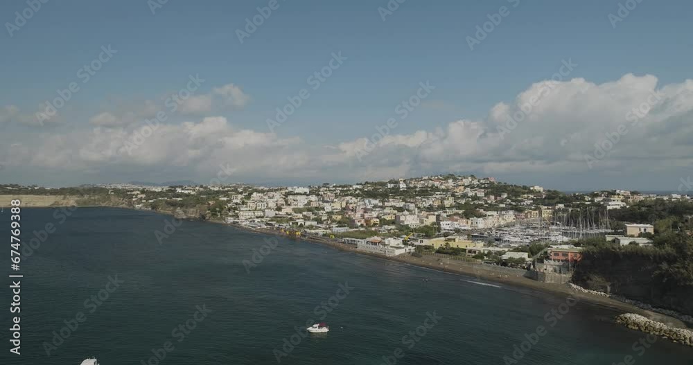 Aerial view of Chiaiolella and Ciraccio beach on Procida Island, Flegree islands archipelagos, Naples, Campania, italy. Aerial view of Chiaiolella and Ciraccio beach on Procida Island, Flegree islands archipelagos, Naples, Campania, italy.