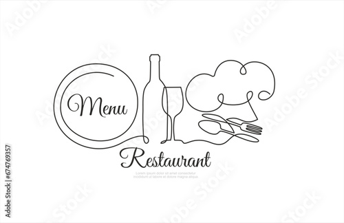 Continuous one single line drawing of fork, knife, bottle of wine, glass and chef hat or cap . Menu food design. Illustration with quote template. Can used for menu restaurant sketch