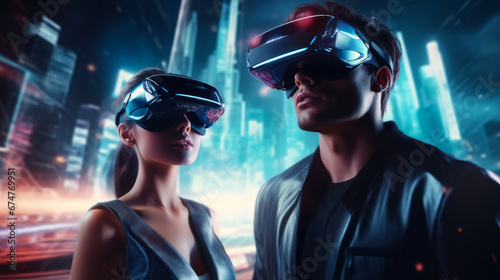 Portrait of happy smiling passionate Caucasian man and woman couple in virtual reality headset in futuristic style.