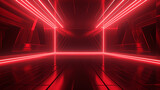 Minimal interior of a dark empty room with red neon glowing light. Copy space. Generative AI