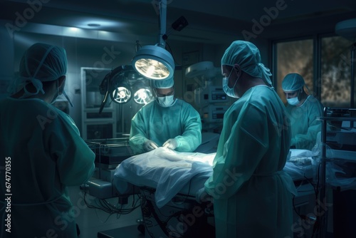 Doctors in a protective mask and gloves stands in the operating room. Doctor is performing a complex operation with nurses. Medical background for advertising medical centres, services.Health concept.