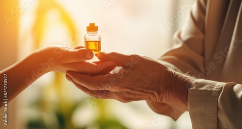 Doctor or nurse gives an old elderly man a jar of natural medicine. Caring for old people. The concept of medical treatment and care for elderly people.