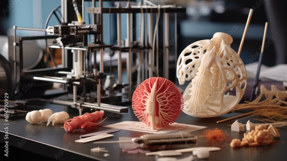 3D printed medical printer. Modern technologies in medicine and science. Printing human organs for operations and implantation. The concept of medicine development. - obrazy, fototapety, plakaty 