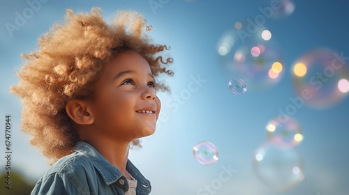 Kleiner Junge mit dunklen Afro-Locken schaut begeistert auf die fliegenden Seifenblasen
