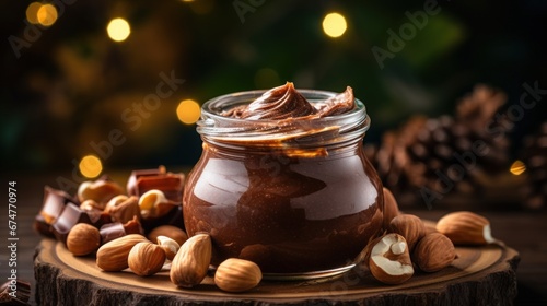A jar of nut butter and nuts on a table photo