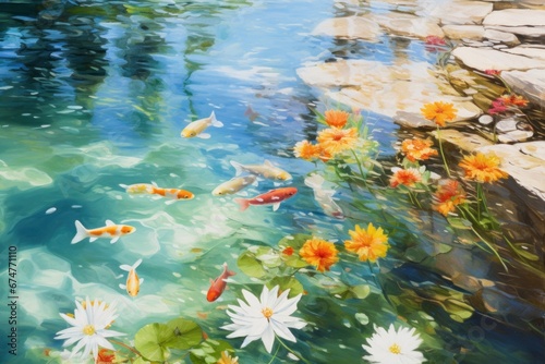 A painting of koi fish and daisies in a pond