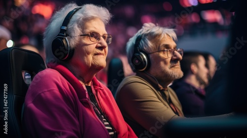 Two elderly people wearing headphones sitting in front of a computer