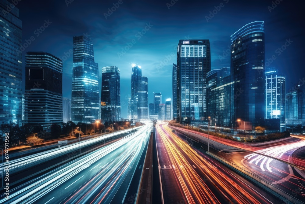 the light trails on the modern building background in shanghai china, Night cityscape with buildings and roads in Beijing city, long exposure photo, AI Generated