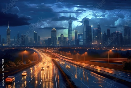 Night traffic on the highway in shanghai china. 3d rendering, Night cityscape with bilding and road in Beijing city, AI Generated photo