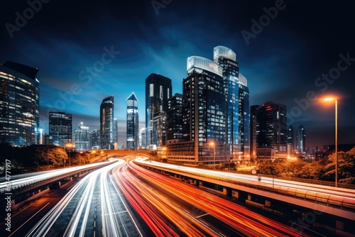 light trails on the modern building background in shanghai china, Night cityscape with buildings and roads in Beijing city, long exposure photo, AI Generated © Iftikhar alam