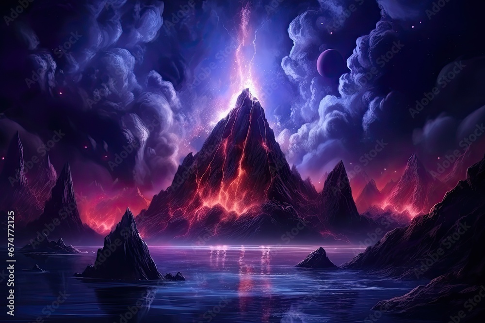 Fantasy alien planet. Mountain and lake. 3D illustration, Night fantasy landscape with abstract mountains and island on the water, explosive volcano with burning lava, neon light, AI Generated