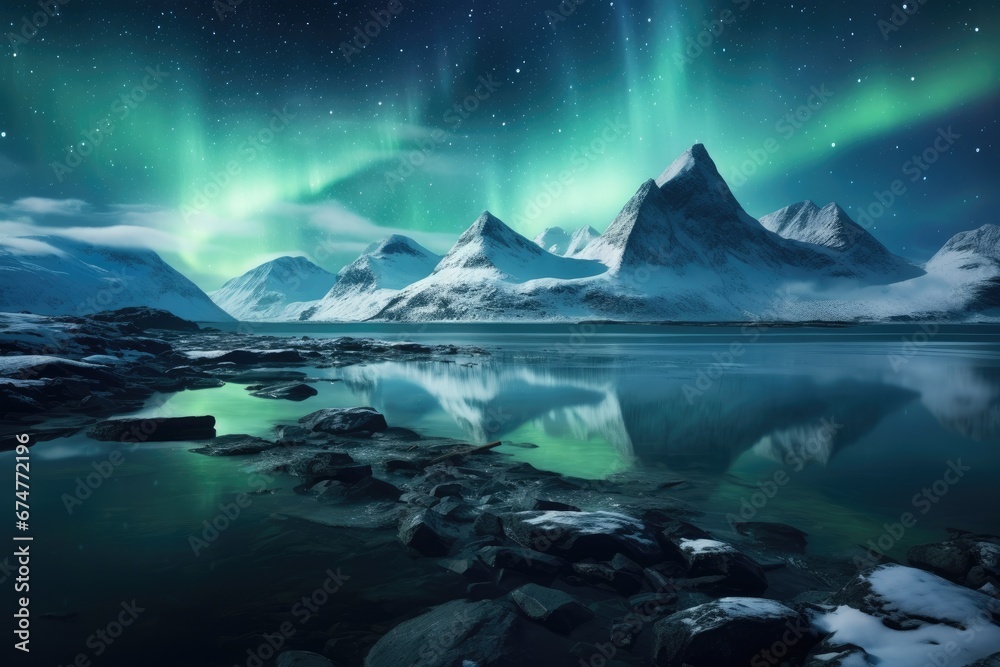 Aurora borealis, northern lights over snow-capped mountains, Northern Lights Above Mountains, AI Generated