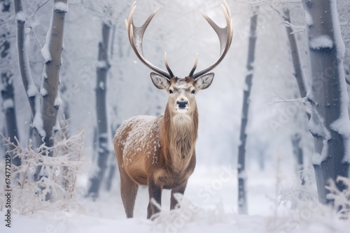 Mule deer in winter forest. Beautiful red deer in snowy forest, Noble deer male in winter snow forest. Artistic winter christmas landscape., AI Generated