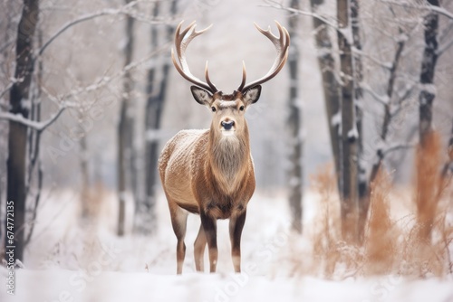 Beautiful red deer with large antlers standing in the snowy forest  Noble deer male in winter snow forest. Artistic winter christmas landscape.  AI Generated