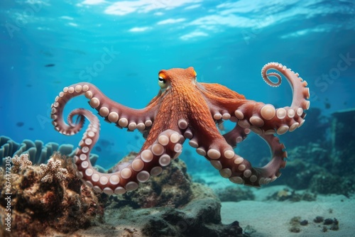 Octopus on the coral reef of the Red Sea. Egypt, Octopus swimming on the sandy bottom of a tropical coral reef, AI Generated © Iftikhar alam