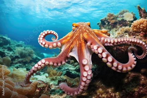 Octopus on a coral reef in the Red Sea, Egypt, Octopus swimming on the sandy bottom of a tropical coral reef, AI Generated