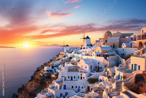 Santorini, Greece. Picturesque view of Oia village at sunset, Oia at sunset in Santorini, Greece, AI Generated