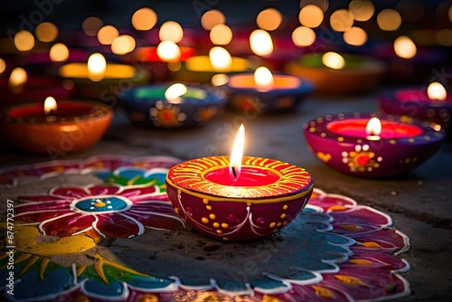 Indian festival Diwali, Diya oil lamps lit on colorful rangoli. Hindu traditional, Oil lamps lit on colorful rangoli during diwali celebration, AI Generated