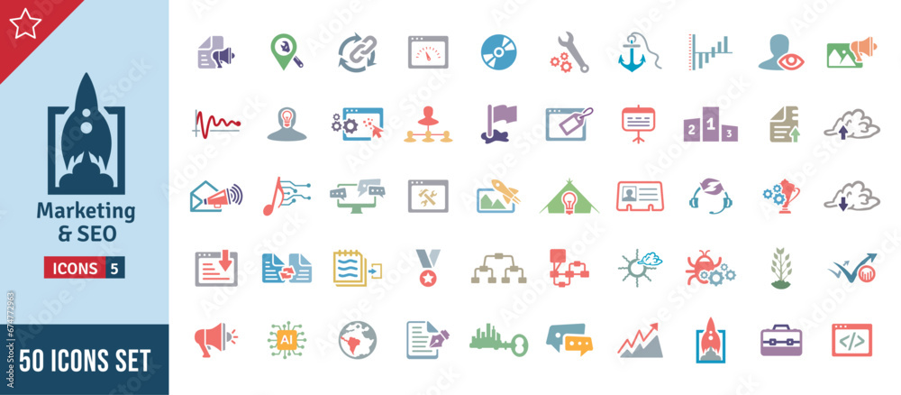 Fototapeta premium Marketing & SEO Icon Set. Search Engine Optimization, Advertising, Website, Business, Marketing, Traffic, Ranking, Optimization, Keyword & Many More. Colorful Vector Icons Collection
