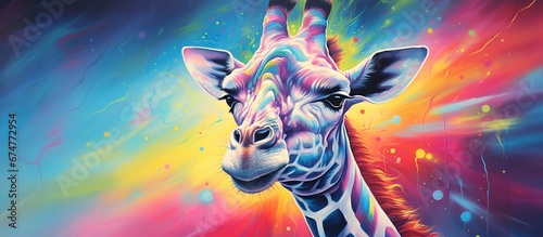 Abstract 3d colorful hologram giraffe animal drawing in dark background. AI generated
