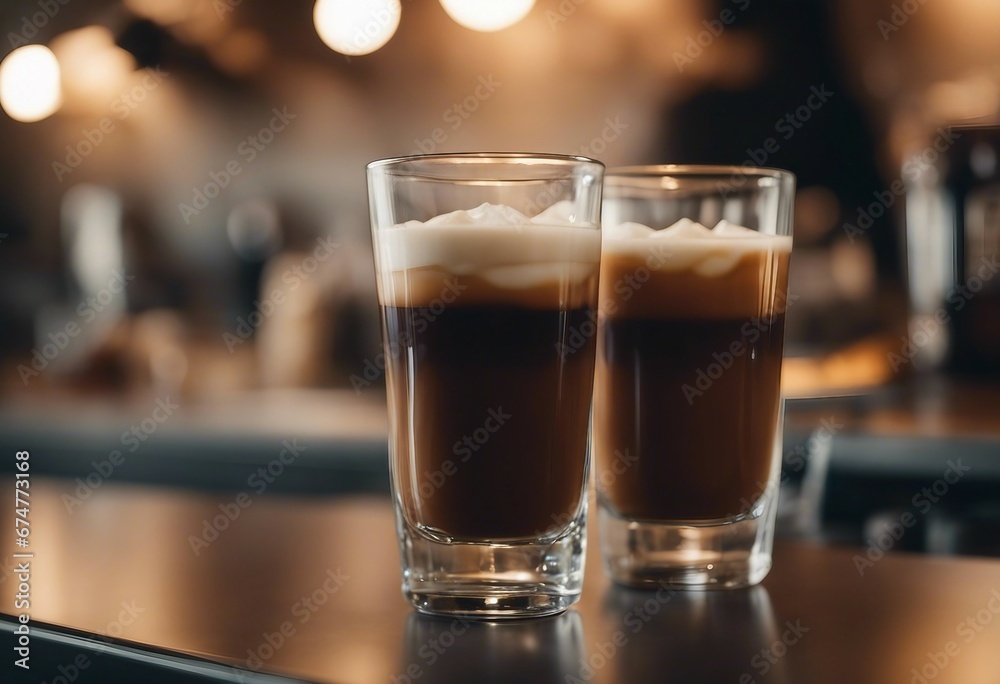 Coffee drinks in two glasses on a kitchen counter Coffee drinks in two glasses on a kitchen counter