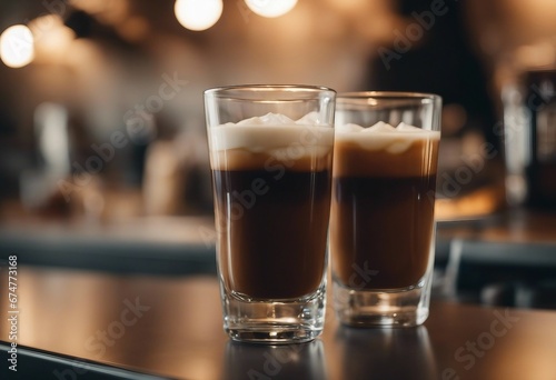 Coffee drinks in two glasses on a kitchen counter