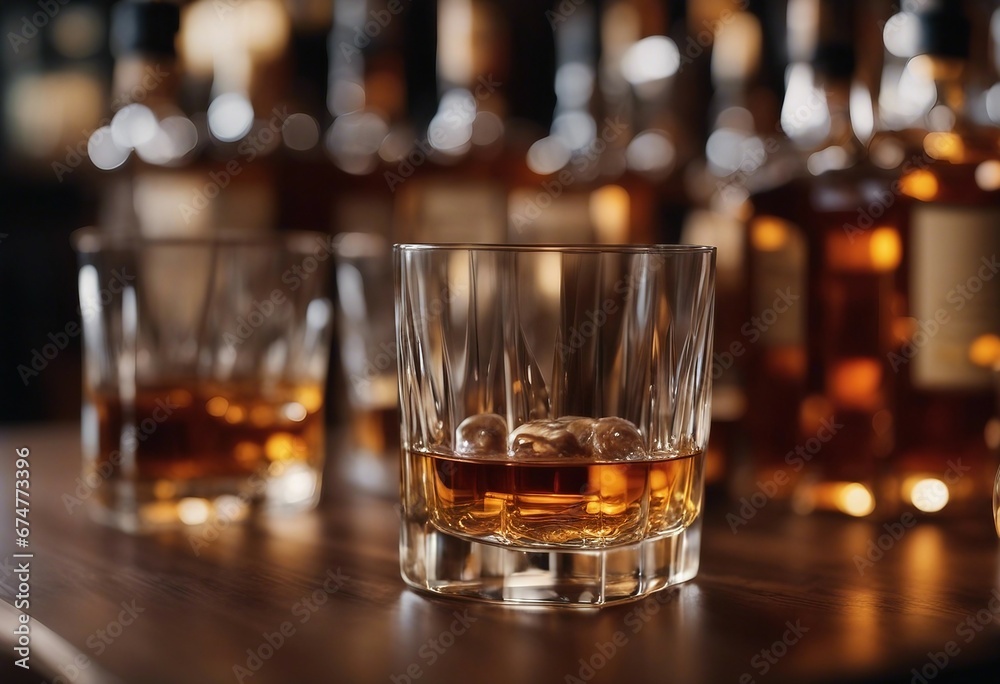 Flight of whiskey for tasting on a bar counter with a blurred background Flight of whiskey for tasting on a bar counter with a blurred background