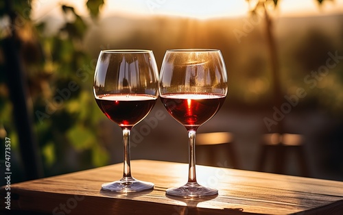 Copas de vino tinto sobre una mesa de madera y al fondo un viñedo al atardecer. Espacio para texto.  photo