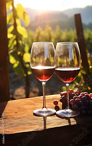 Copas de vino tinto sobre una mesa de madera y al fondo un viñedo al atardecer. Espacio para texto. 