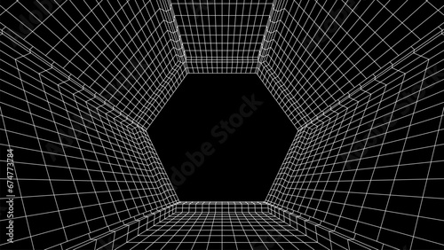 Abstract 80s styled computer background. Sci-fi architecture interior with retro lines. Synthwave or retrowave grid room.