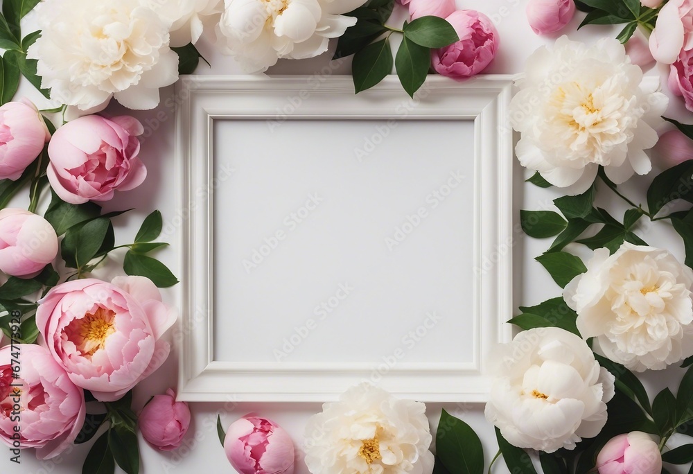 White frame on white background with peonies flowers and leaves with copy space in the middle