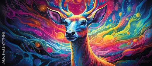 Abstract 3d colorful hologram deer animal drawing in dark background. AI generated photo