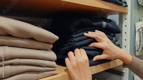 Close up of beautiful Asian woman looking for new casual outfits in the shopping mall. Female in a casual lifestyle concept.
