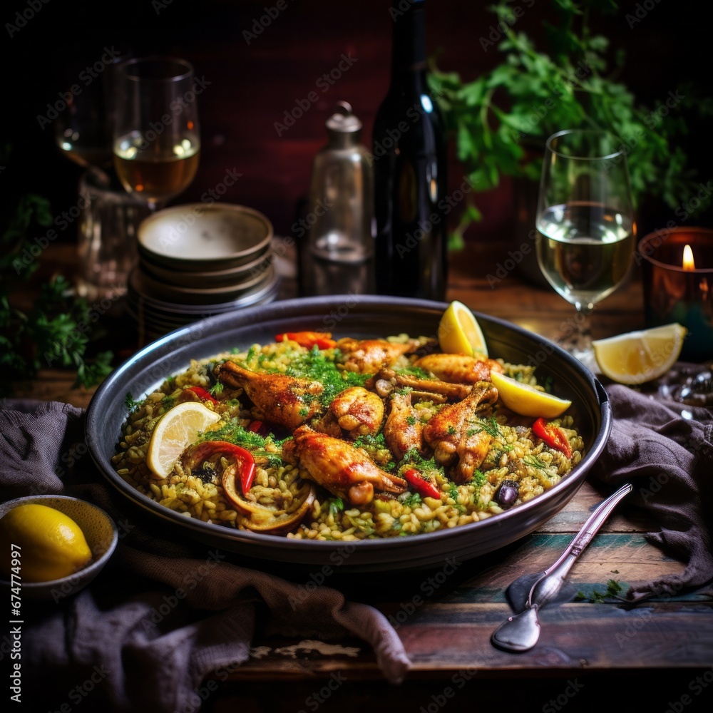 Chicken paella on dark table, flat lay