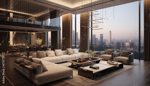 Modern living room within a high end apartment featuring an open design. AI generated