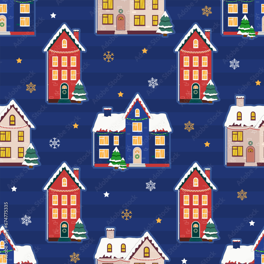 Seamless surface decoration pattern with scandinavian colorful Christmas homes