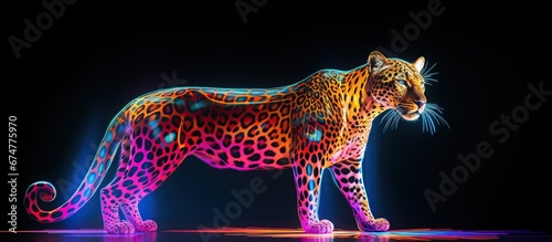 Abstract 3d colorful hologram cheetah animal drawing in dark background. AI generated